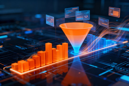 Data analysis concept with funnel. 3d rendering toned image double exposureの素材