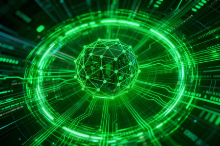 3D rendering of abstract digital globe with hologram on green backgroundの素材