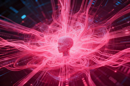 3D rendering of a human head with red light strands around itの素材