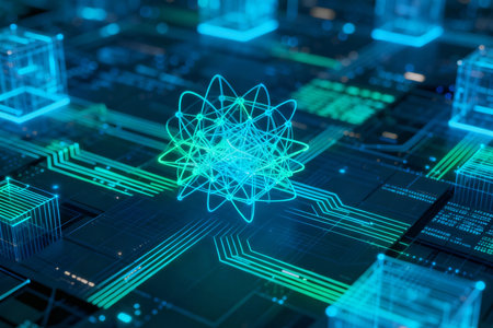 Glowing polygonal atom on blue circuit board background 3D renderingの素材