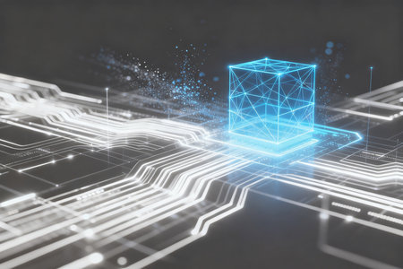 Abstract glowing cube on circuit board. Technology and innovation concept. 3D Renderingの素材