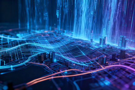 Futuristic city with glowing lines. 3d rendering toned imageの素材