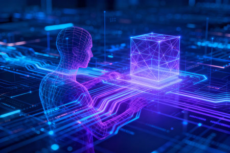 3d rendering of abstract polygonal figure with binary code on blue backgroundの素材