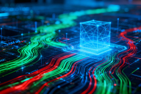 3d rendering abstract glowing cube on circuit board. Technology concept.の素材