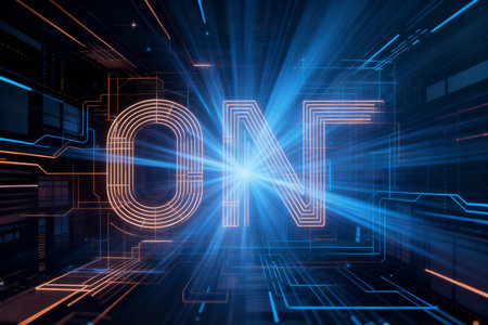 Abstract glowing binary code on dark blue background. Technology concept. 3D Renderingの素材