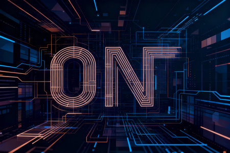 Abstract glowing digital letter O on dark background. Technology concept. 3D Renderingの素材