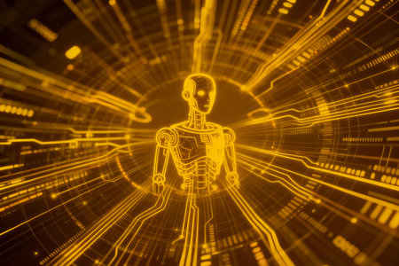 3d rendering of a robot in a futuristic tunnel with yellow lightsの素材
