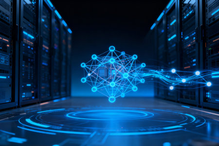 server room data center with technology icons 3d rendering toned imageの素材