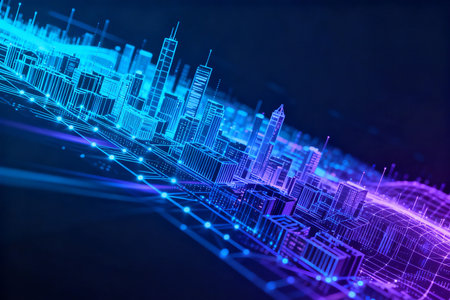 3d rendering of abstract wireframe city background. Futuristic conceptの素材