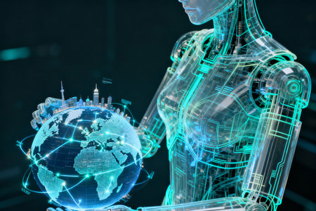 3D rendering of a female robot holding a globe in front of a black backgroundの素材