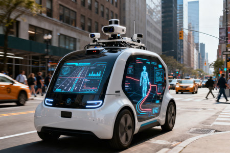 UAV robot in the center of Manhattan, New York City. UAV is a self-driving autonomous autonomous vehicle.の素材