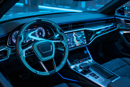 Interior of a modern car in blue neon light. 3d renderingの素材