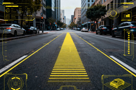 Highway with yellow arrows and buildings in the background. 3d renderingの素材