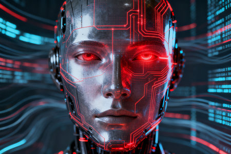 Cyborg face with circuit board on dark background. 3D renderingの素材