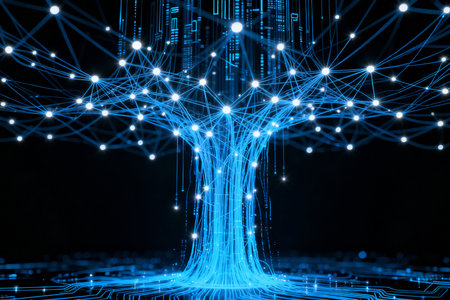 abstract technology tree with binary code on dark background. 3d illustrationの素材