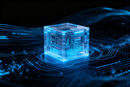 Futuristic cube with electronic circuit on dark background 3D renderingの素材