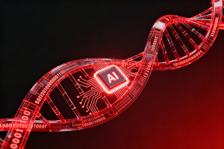 3d illustration of dna strand with binary code on red backgroundの素材
