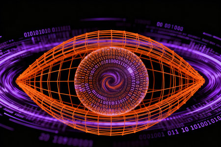 3D rendering of an eye with a binary code in the backgroundの素材