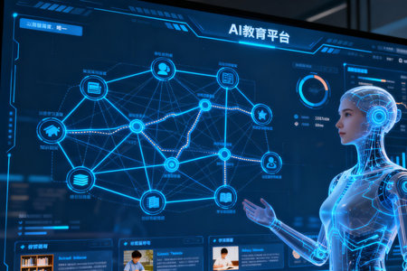 AI humanoid robot working on virtual screen. Artificial intelligence concept. 3D Renderingの素材