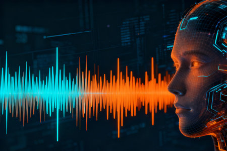 3d rendering cyborg woman with sound wave on dark background, artificial intelligence conceptの素材