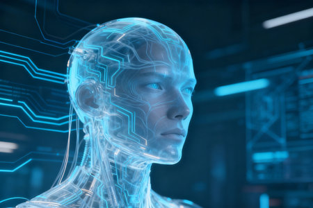 3D rendering of a female robot with digital circuit on her headの素材