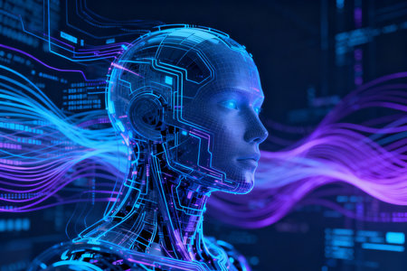 3d rendering artificial intelligence robot or cyborg with circuit board backgroundの素材