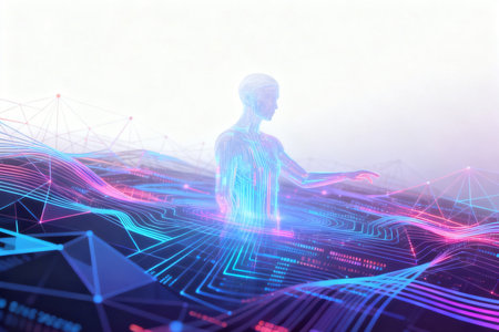 Silhouette of a man with glowing digital background. 3d rendering toned image double exposureの素材