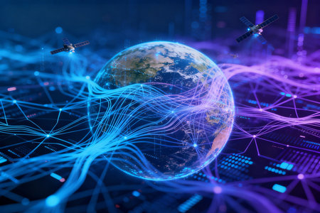 Global network connection over the planet earth. 3d rendering toned image double exposureの素材