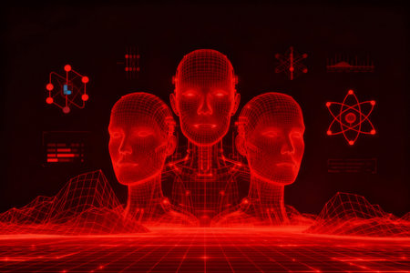 3d wireframe human head in front of black background with HUD elementsの素材