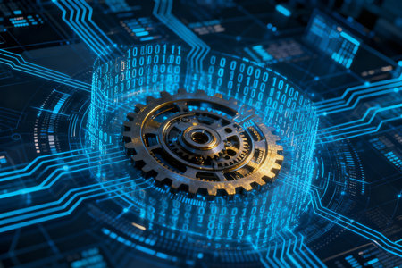 3D rendering of gear wheel with binary code on circuit board backgroundの素材