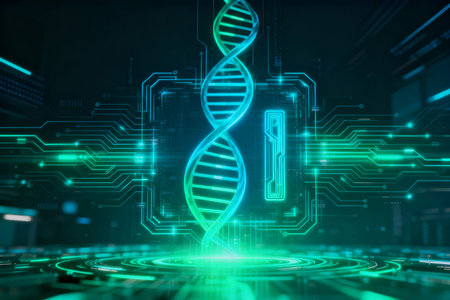 Glowing dna hologram over circuit background. Science and technology concept. 3D Renderingの素材
