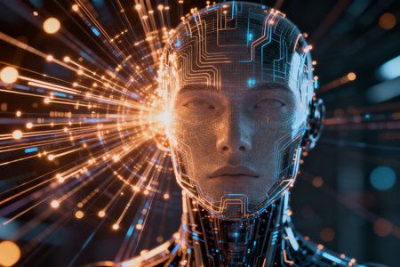 3D rendering artificial intelligence robot head in cyberspace with circuit boardの素材