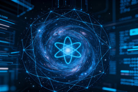 3d rendering of science and technology concept with glowing atom hologramの素材