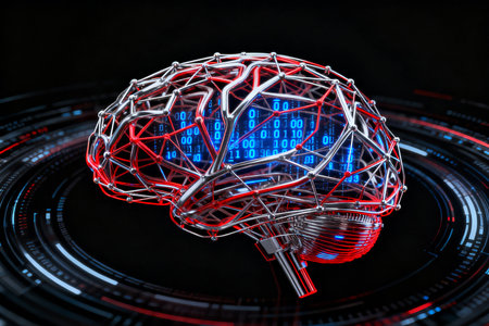 3d illustration of human brain with digital binary code over dark backgroundの素材
