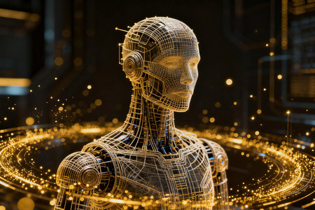 3D rendering of a female robot in digital cyberspace with glowing particlesの素材