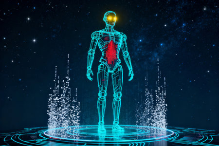 Humanoid robot hologram on abstract background. Artificial intelligence concept. 3D Renderingの素材