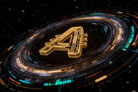 3D rendering of a neon number 4 on a futuristic background.の素材