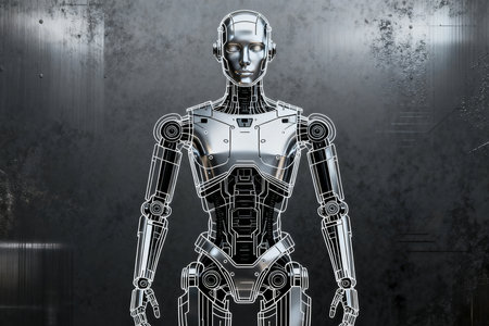 3D rendering of a robot on a grunge metal background.の素材