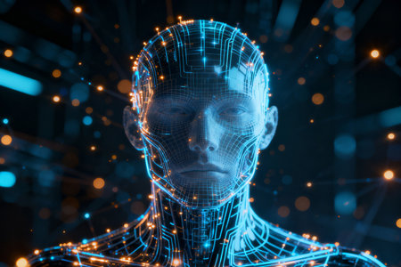 3D rendering artificial intelligence robot head with circuit board on dark backgroundの素材