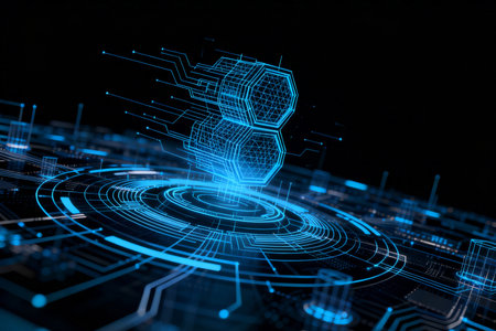 Futuristic circuit board on dark background. 3D Renderingの素材