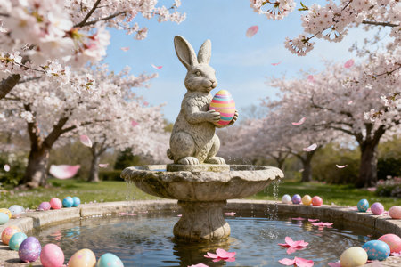 Easter bunny with colorful eggs and cherry blossoms in the parkの素材