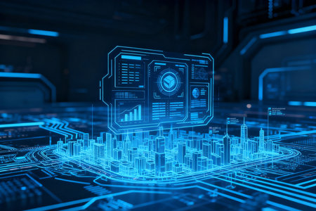 3D rendering of virtual graphic user interface on circuit board in dark roomの素材