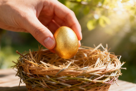 Hand holding golden easter egg in nest on natural background. Happy Easter concept.の素材