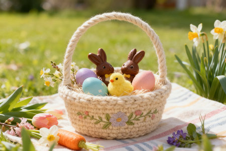 Easter basket with easter eggs, bunny and chick on grassの素材