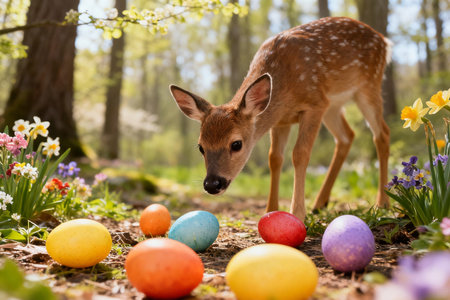 Easter eggs in the forest with a fawn in the foregroundの素材