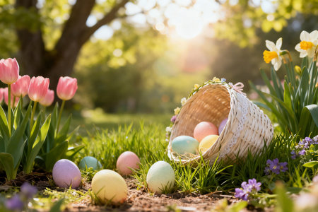 Easter eggs in basket and spring flowers on green grass in gardenの素材