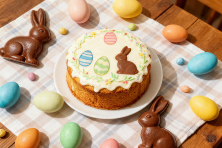 Easter cake and chocolate bunnies on a wooden table.の素材