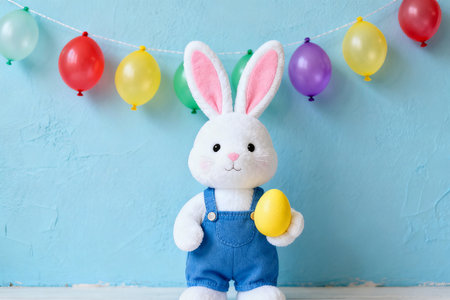 Easter bunny with colorful balloons on blue wall background, copy spaceの素材