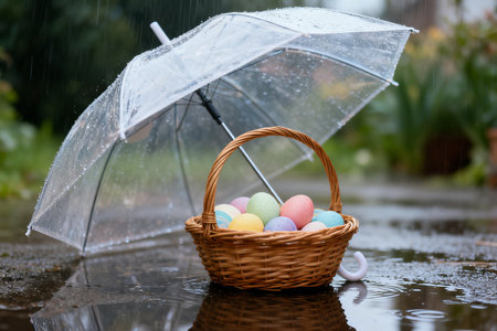 Easter bunny and colorful eggs on green grass with dandelionsの素材
