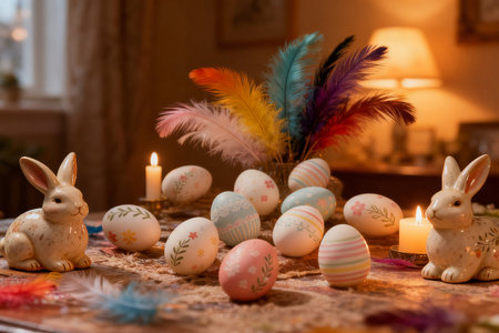 Easter decoration with painted eggs, feathers, candles and bunniesの素材